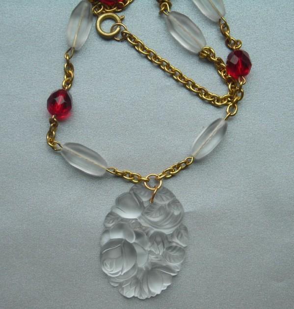 Lalique Style Frosted Glass Rose Flower Siam Red Bead Vintage Finds