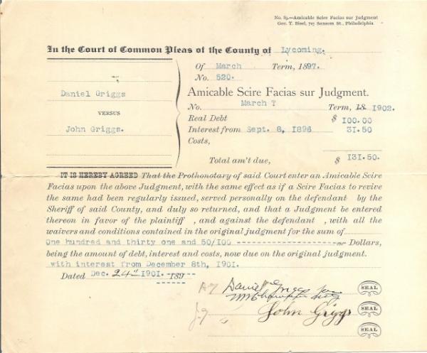 Lycoming County PA Court Document Griggs vs Griggs 1902