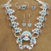 ZUNI 925 Sterling Turquoise Peyote Bird Necklace Set  
