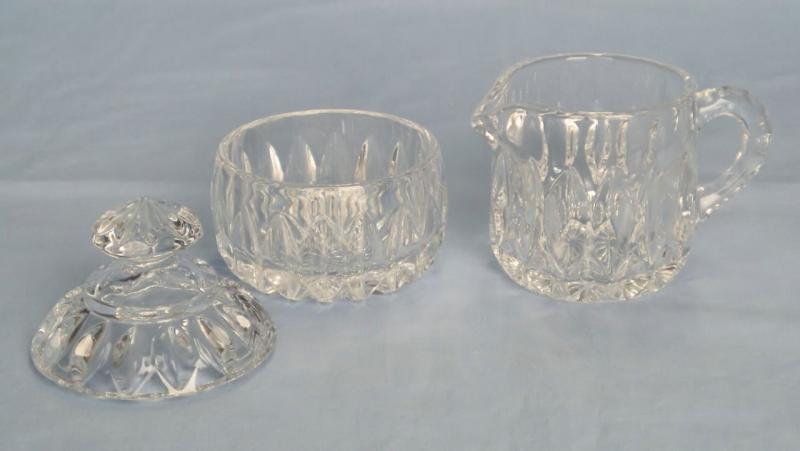 VTG Crystal Pressed Glass Sugar Bowl w/ Lid & Creamer  