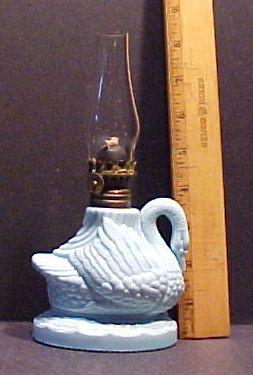 C1890s Atterbury Figural Miniature Oil Lamp Baby Blue Opaque Glass