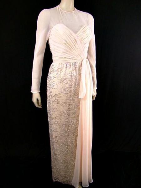 VTG 70s 50s VICTORIA ROYAL Ruched Chiffon Over Lame & Bead Lace Party 