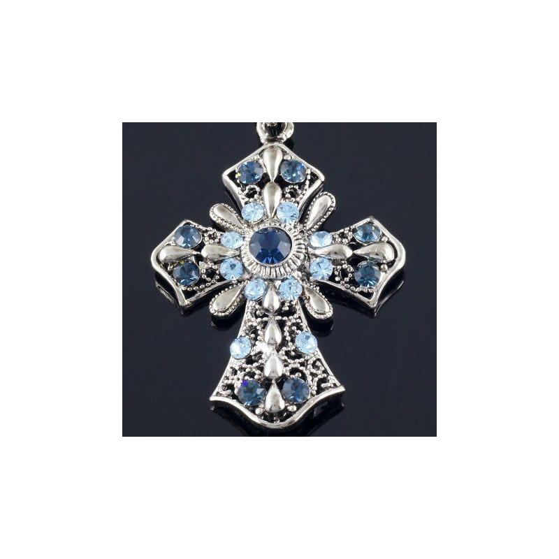 N186C Blue Crystal Noble Cross Pendant Necklace New  