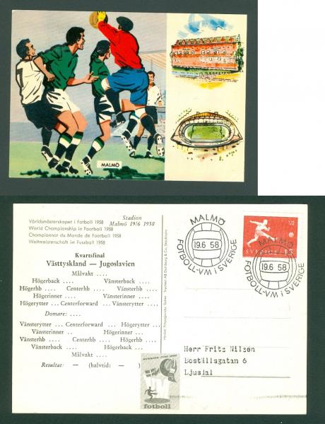 Sweden Postcard 1958 World Cup Soccer Malmo Stadium Addressed
