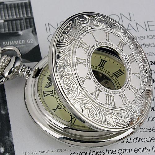   Skeleton Vintage Mechanical Pentant Men Pocket Watch Chain Silver