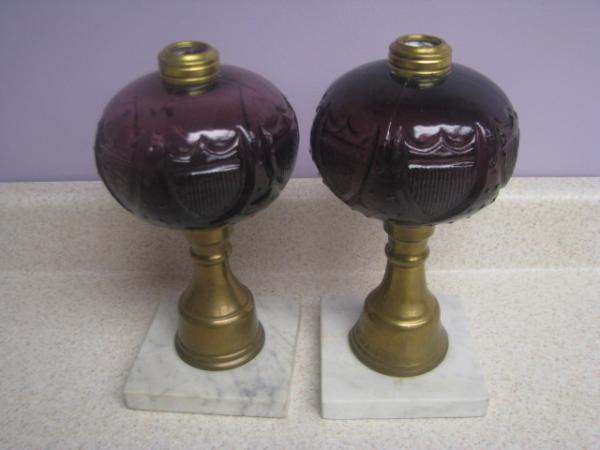 Pair of Rare Whale Oil Fluid Lamps Amethyst Purple Glass & Marble 