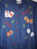 QUACKER FACTORY Shirt Blouse Denim Sz L Gambling BINGO Cards Button 