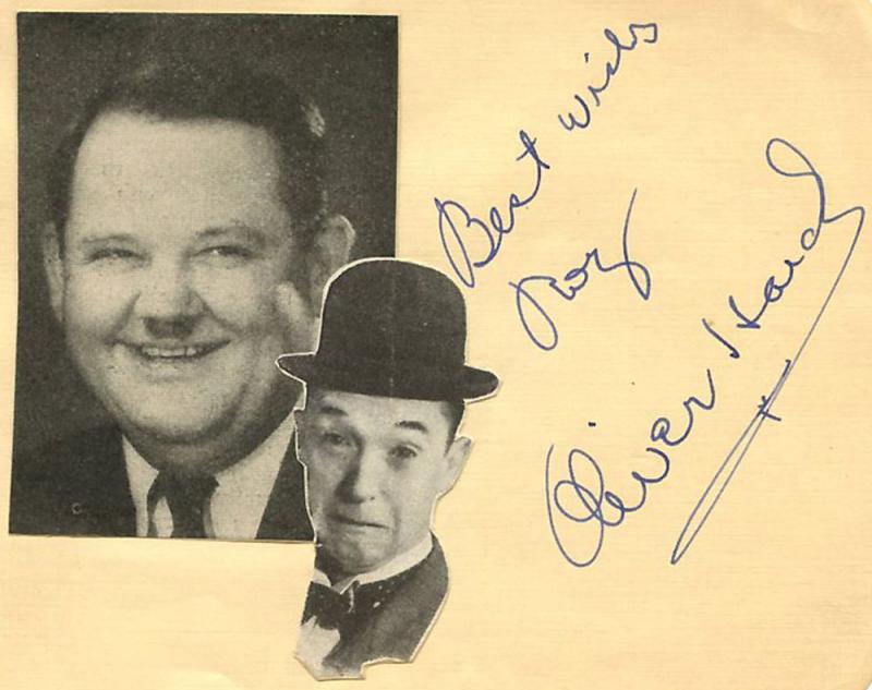 OLIVER HARDY VINTAGE 1940s ORIGINAL SIGNED ALBUM PAGE AUTOGRAPHED 