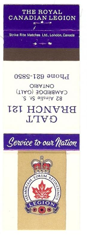 Legion Matchbook Cover Service to Our Nation Galt Ontario 121