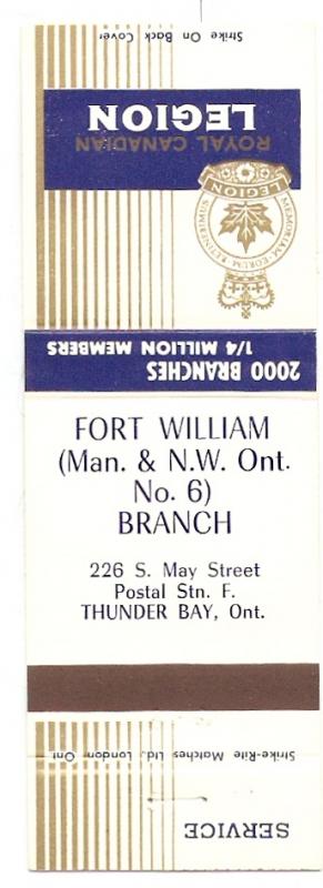  Legion Matchbook Cover Fort William Man N w Ontario Branch 6