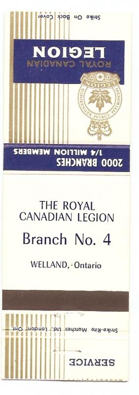 Royal Canadian Legion Matchbook Cover Welland Ontario Branch 4