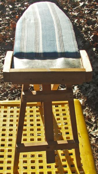 Antique Primitive Wood Ironing Board Tin Hot Plate Blue Cloth Cover