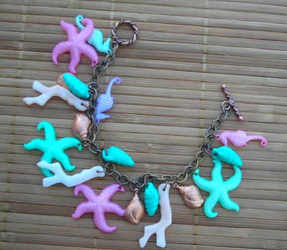  Bracelet Vintage Acrylic Coral Branch Sea Horse Star Fish Shell Copper