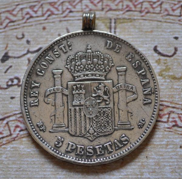 Alfonso XIII. 5 Pesetas Silver Coin Pendant  1888 Spain  