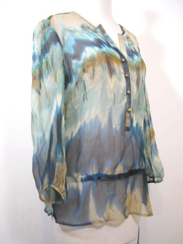 RACHEL MARA Womens Gorgeous Sheer Blue Silk Drop Waist Tunic Shirt 