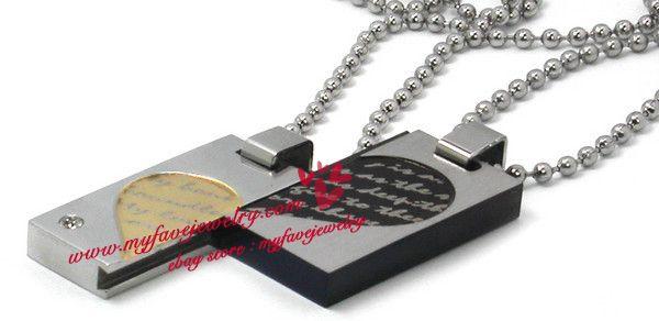 Gold Bk Stainless Steel Love Couple CZ Dog Tag Necklace  