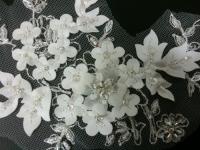 Silver & White Beads Satin Flower Motive Lace for Wedding Accessories 