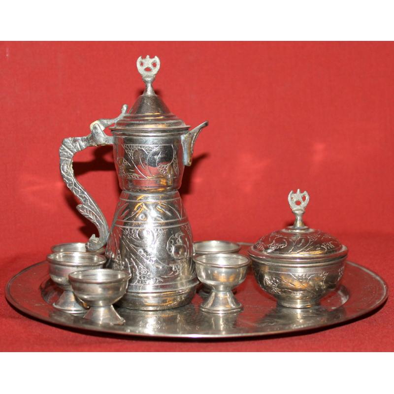 Vintage Turkish Ottoman Tin Set Coffee Tea Pot, 6 Goblets, Sugar Bowl 