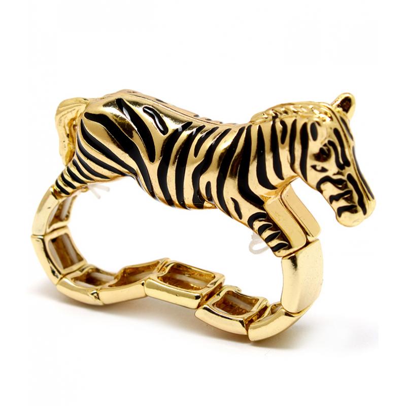 Zebra Two Finger Stretch Ring 3D Gold Tone Black New