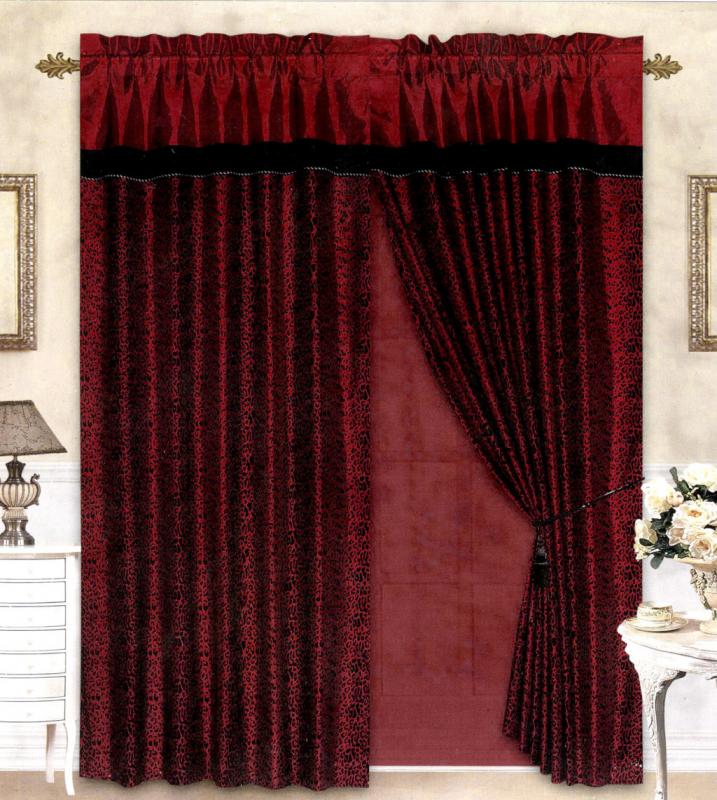 Black Red Flocking Leopard Satin Window Curtain Drape Set Sheer Liner 