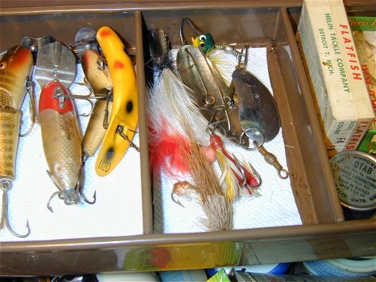 Vintage Fishing Tackle Box full of misc Lures Hooks reels bait  