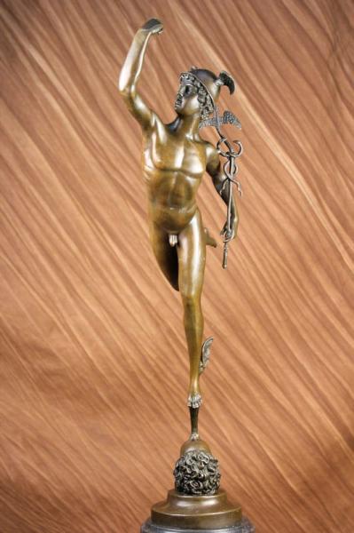 Hermes Elegant Male Nude Mercury Medical Caduceus Bronze 