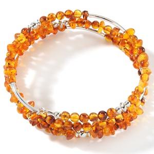 King MINE FINDS Beaded Amber Memory Wire Coil Bracelet Sterling Silver