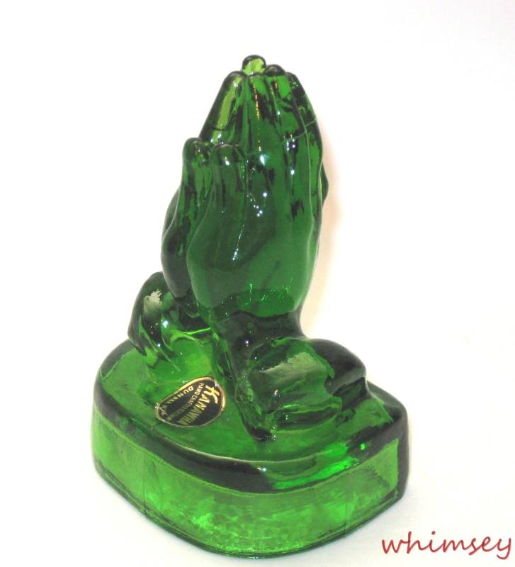 Kanawha Glass Green Praying Hands Bookend Paperweight Foil Tag