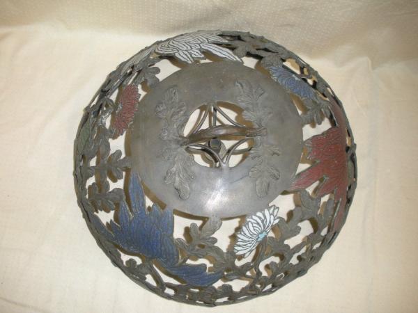 VINTAGE ANTIQUE 18 HAND PAINTED CAST IRON LAMP SHADE Floral Design In 