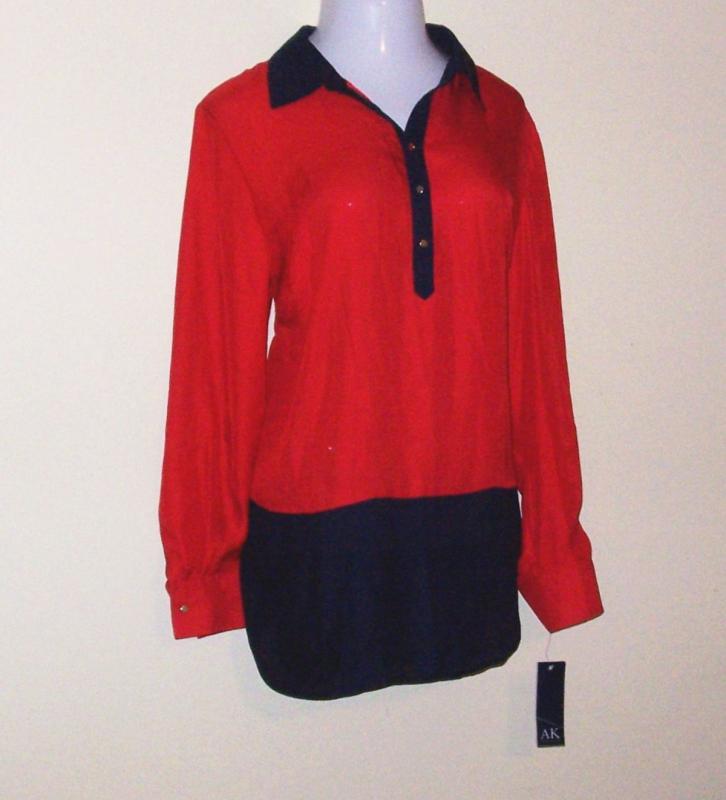 3X Anne Klein Red Poppy Colorblock Half Button Up Tunic Shirt $95 Plus