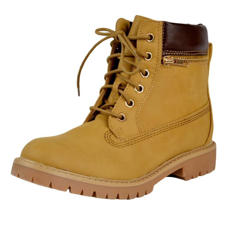 Womens Lug Sole Lace Up Hiking Ankle Boots w/ Zipper Trim Camel Size 5. ...
