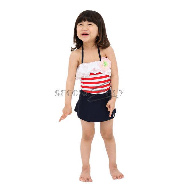Girl Stripe Swimsuit Kid 3pc Swimwear Swimming Costume Bather Tutu Skirt Sz 6 9