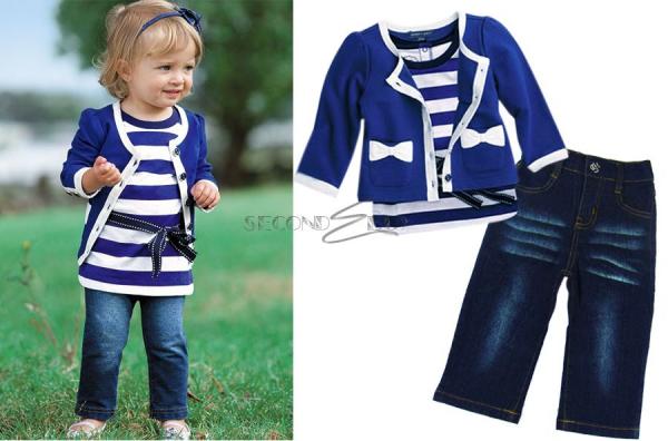 3pcs Baby Girl Kid Coat T Shirt Jeans Outfit Set Suit Clothing Navy Blue 0 5Year