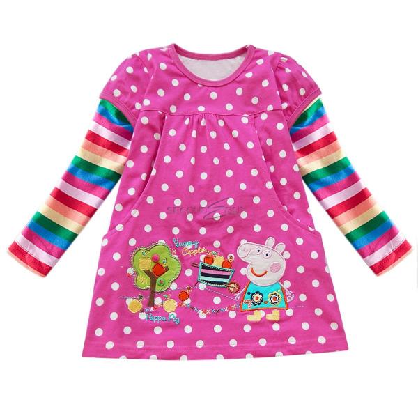 Hot Pink Polka Dots Peppa Pig Girls Rainbow Long Sleeve Top Dress T Shirt Sz 2 3