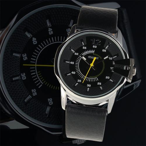 New SINOBI Mens Quantz Watch Sport Black Leather Stainless Steel Watch 