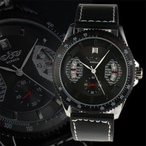 New WINNER Automatic Mechanical Stainless Black Leather Men Boy Watch 