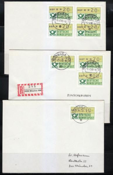Germany 1982 nine (9) ATM DBP stamps covers. Used. Munchen 906. Munich ...