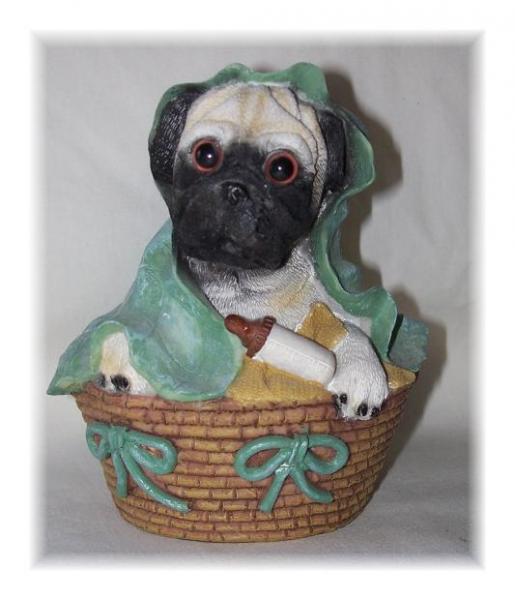 Baby Pug Puppy Figure Figurine in Basket with Bottle