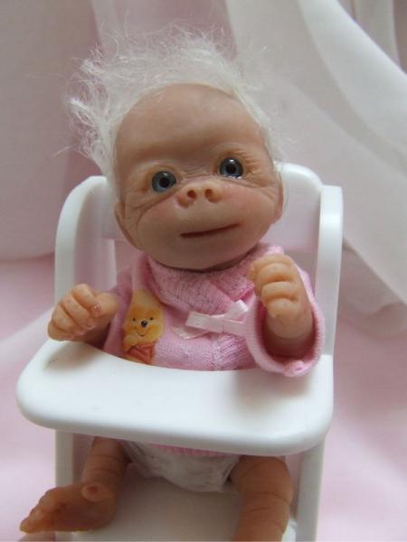OOAK Baby Albino Gorilla Monkey Sculpted Polymer Clay Art Doll Poseable