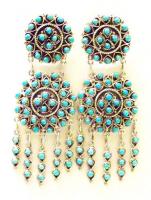 Native American Zuni Sterliing Silver Double Turquoise Clusters Dangle 