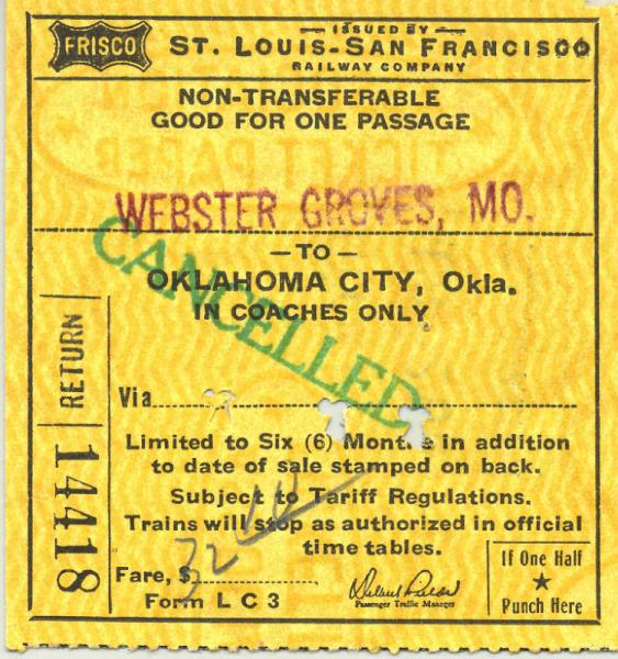 1966 SLSF Frisco Railroad train ticket - Webster Groves MO to Oklahoma City, OK | eBay