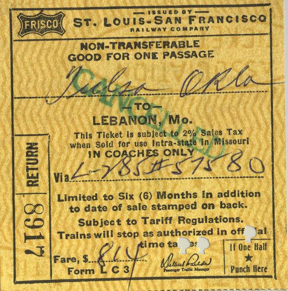 1966 SLSF Frisco Railroad passenger train ticket - Tulsa OK to Lebanon MO | eBay