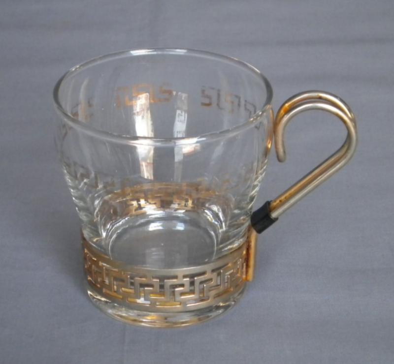 6 Vtg Libbey Glass Coffee Cups Brass Greek Key Holders