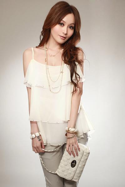 New Women Off Shoulder Chiffon Layer Top Blouse Beaded