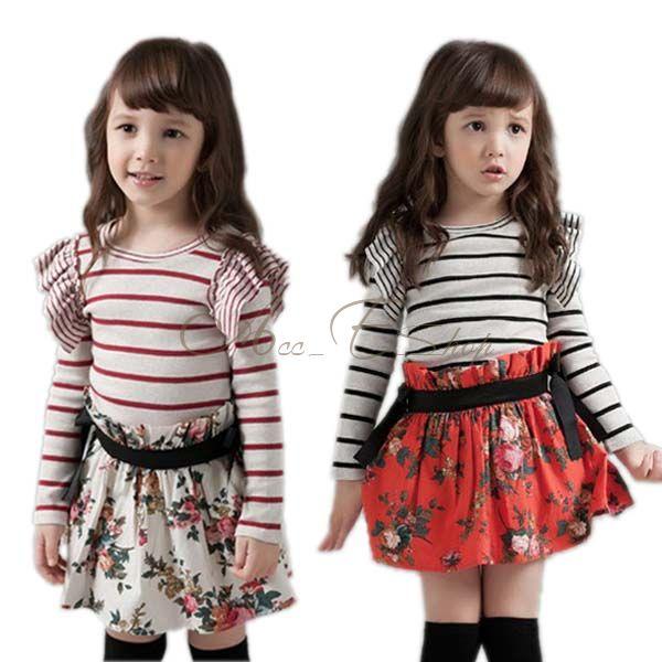 Kids Toddlers Striped Top Shirt Flower Floral Tutu Skirt Girl Dress Sz 2 7 Years