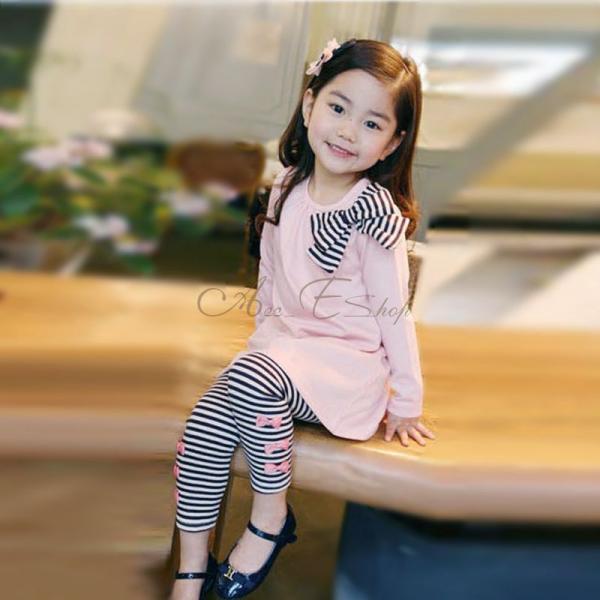 Girl Kid Long Sleeve Top Shirt Bowknot Striped Leggings Suit Set 2 7Y Outfit