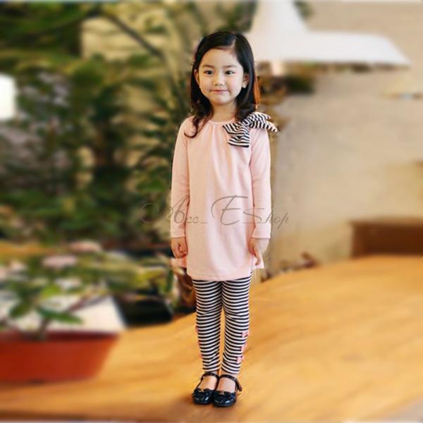 Girl Kid Long Sleeve Top Shirt Bowknot Striped Leggings Suit Set 2 7Y Outfit