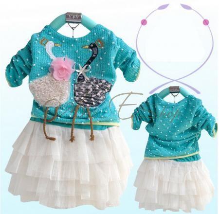 1pc Kid Baby Blue Girls Swan Dress Knit Top Tulle Skirt Tutu Costume Clothing 3T