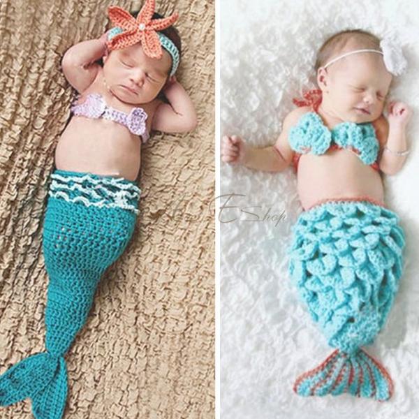 Newborn 12 Month Baby Girl Knit Crochet Mermaid Photo Props Costume Outfit 3pcs