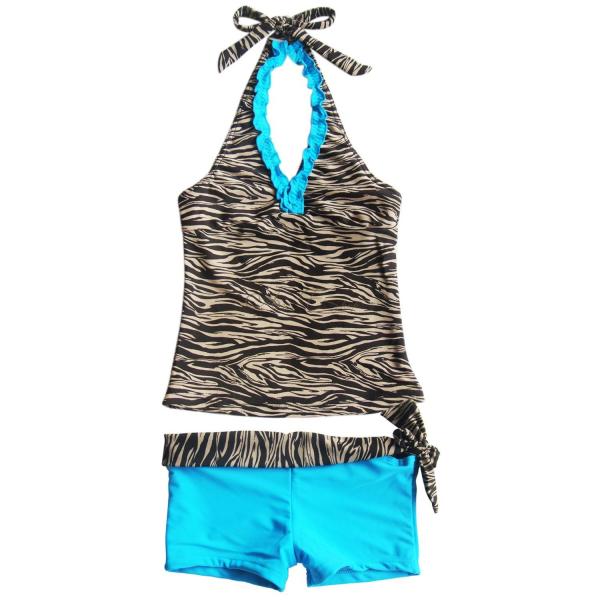 Girls Brown Zebra Halter Tankini Kids Swimsuit Swimwear Bathing Suit 8 10 12 14